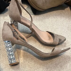 Madden Girl Taupe Suede Crystal Block Heel Sandals